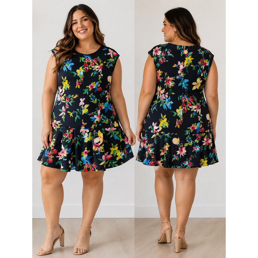 Chaps Floral Drop Waist Dress Womens 16 Navy‎ Blue Scuba Pleated Hem Cottagecore
